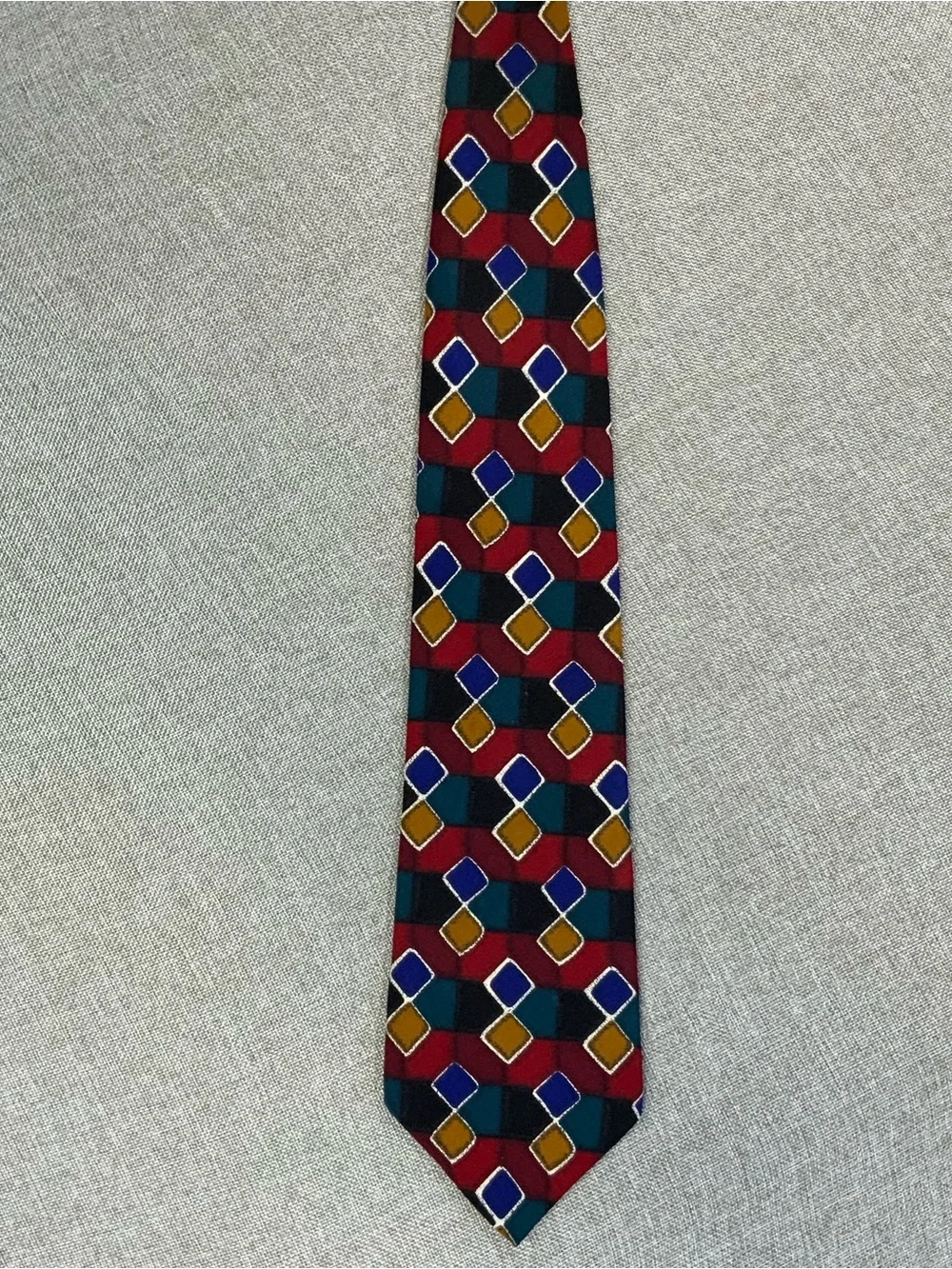 Zylos George Machado Silk Tie Geometric Diamond Burgundy Teal Gold
